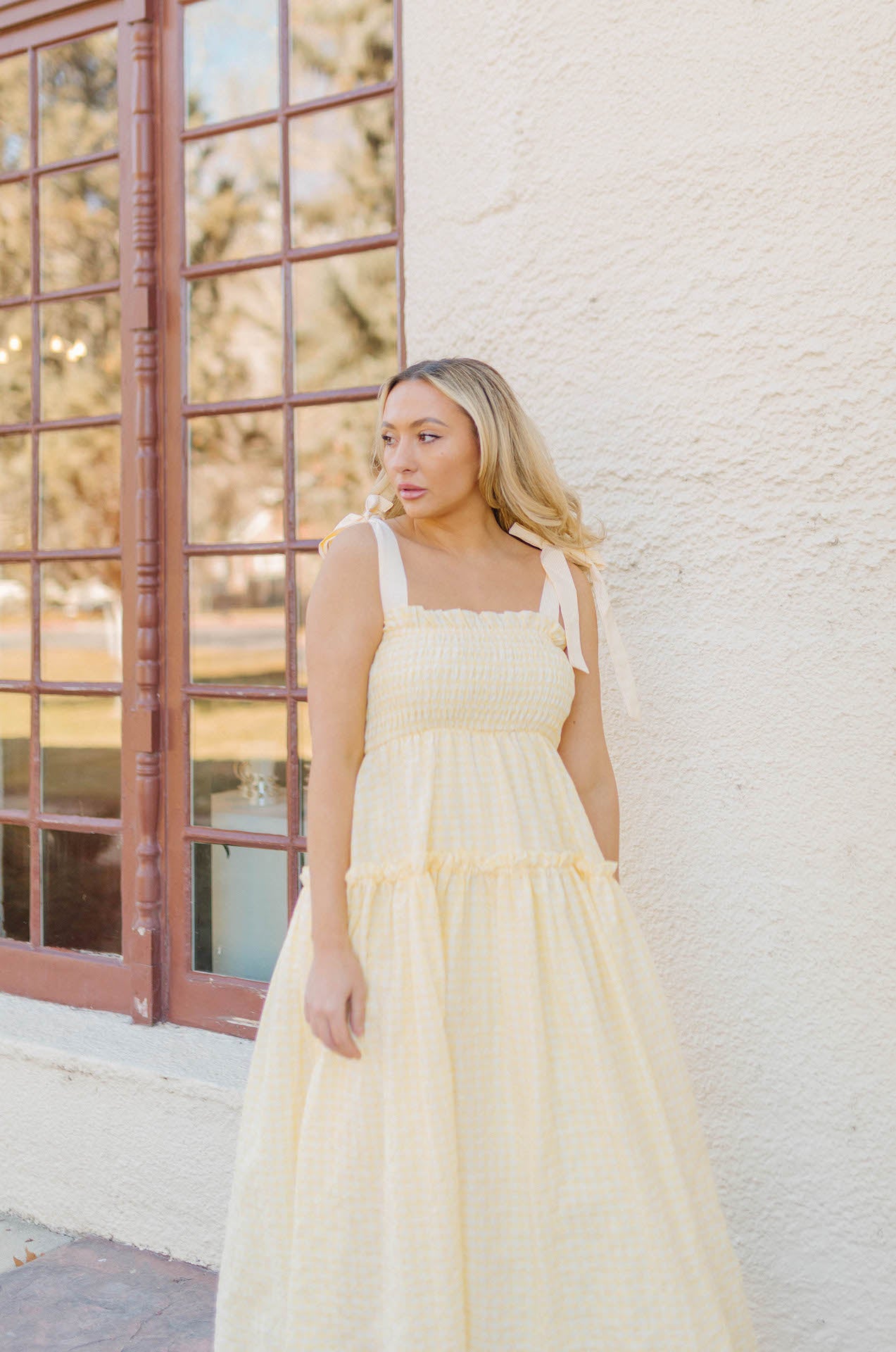 yellow gingham tiered dress